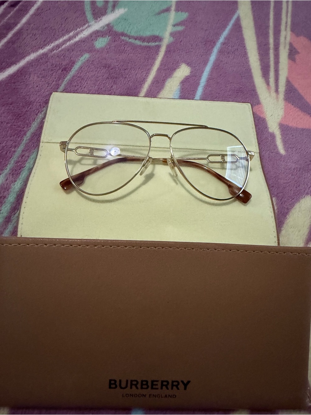Burberry Men’s Gold Metal Aviator Glasses with Brown Temple Tips
